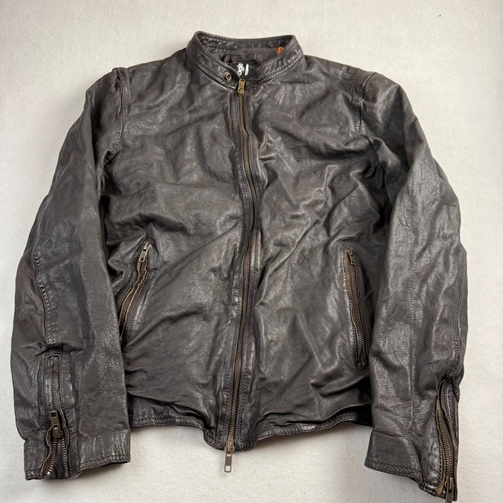 BOMBOOGIE Mens Lamb Leather Cafe Racer Jacket Dark Brown XS Camo Lining Zip Moto